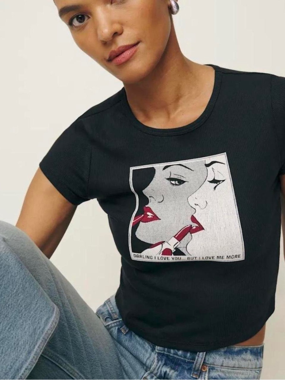 Reformation Muse Black Graphic-Print T-Shirt Size M